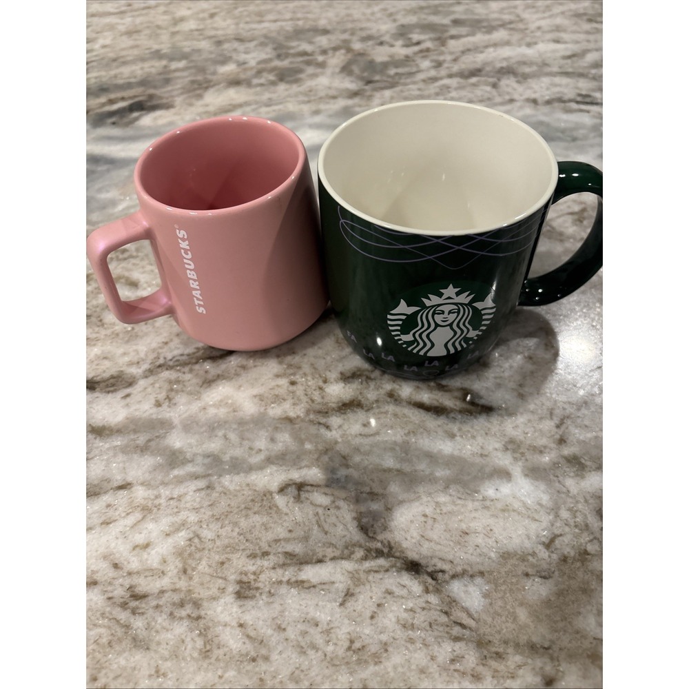 Starbucks Pink Shimmering Mug And Green Fa La La Mug Lot Christmas